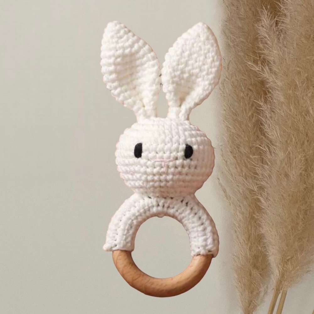 NWT Crochet White Bunny Rabbit Baby Rattle, Baby Gift, Baby Toy, Baby Teether